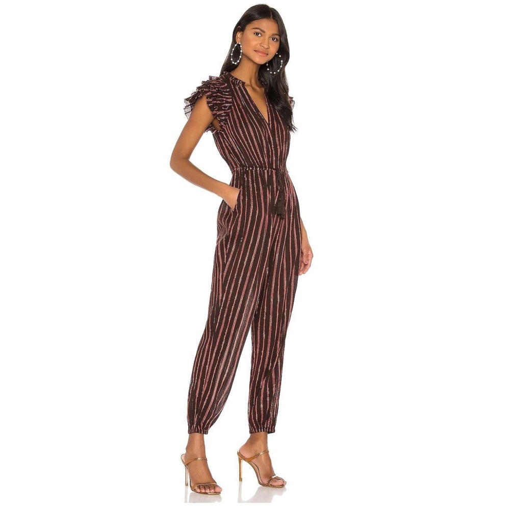 Ulla Johnson NWT Elio Jumpsuit. Chocolate. Metallic Striped Ruffle Sleeve. Sz 10